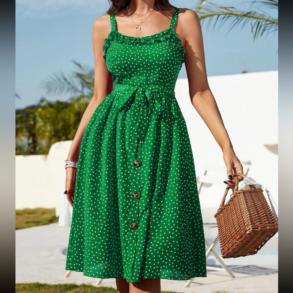 Boho Polka Dot Ruffle Sweetheart Neck Belted Cami Dress Green